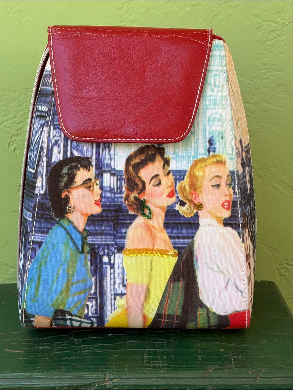 Retro Illustration Mini Bag with Red Flap